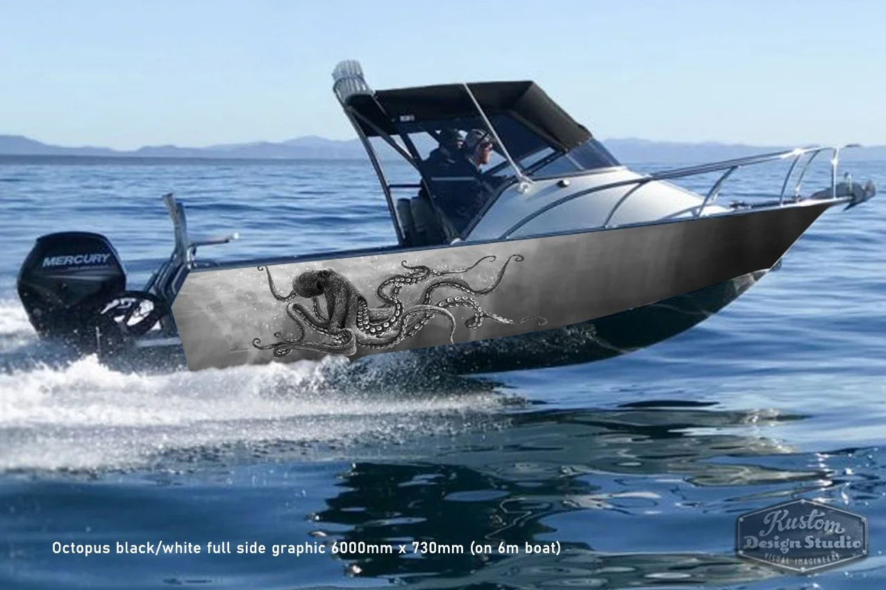 Octopus art. Full hull sides graphic wrap black & white 6000mm x 730mm