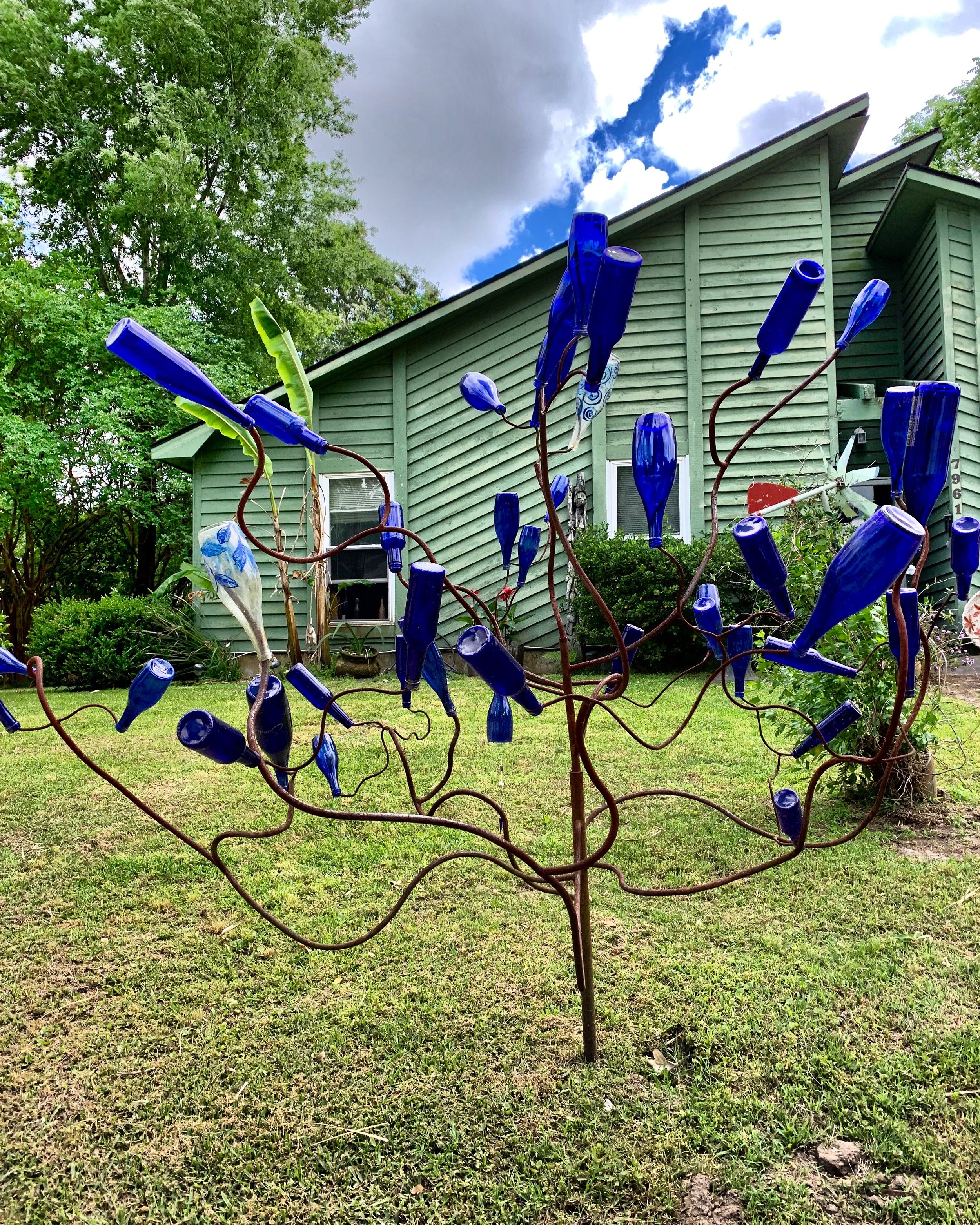  blue bottle tree  north charleston, south carolina  2019  The tradition of the Blue Bottle Tree is thought to have originated around 6th century AD - a practice brought to the Americas with enslaved Africans.    By hanging glass bottles in a tree, e