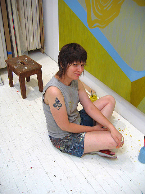  Carrie Moyer in the studio. Photo © Sheila Pepe, 2004    