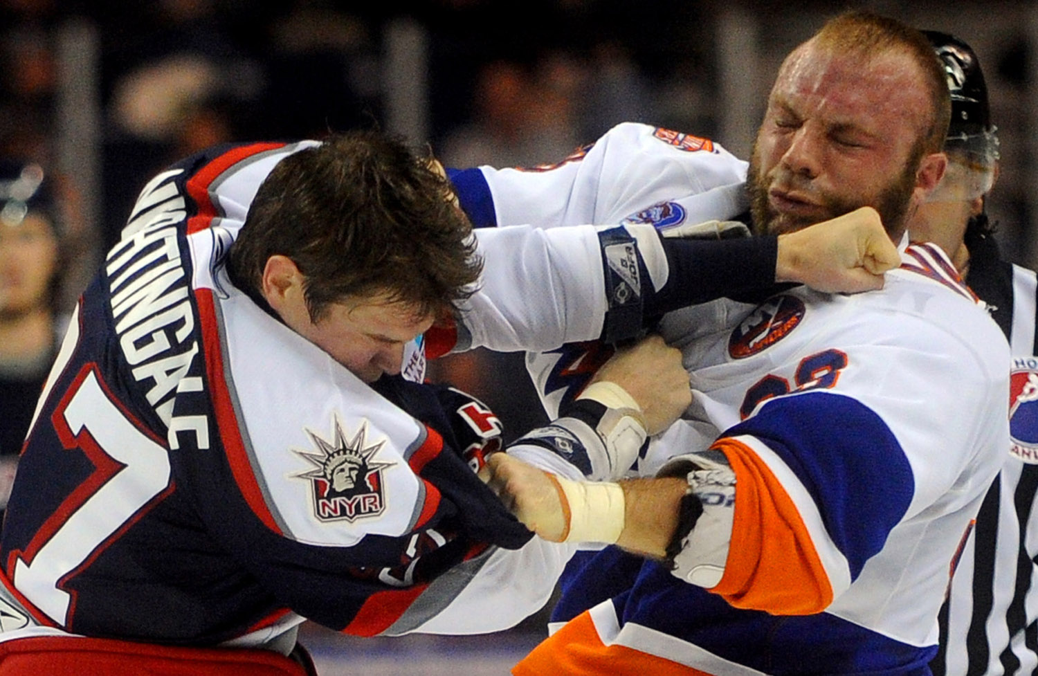  Soundtiger Jeremy Yablonski fights with Jared Nightingale during Saturday's game against the Hartford Wolf Pack at the Arena at Harbor Yard on November 6, 2010. 