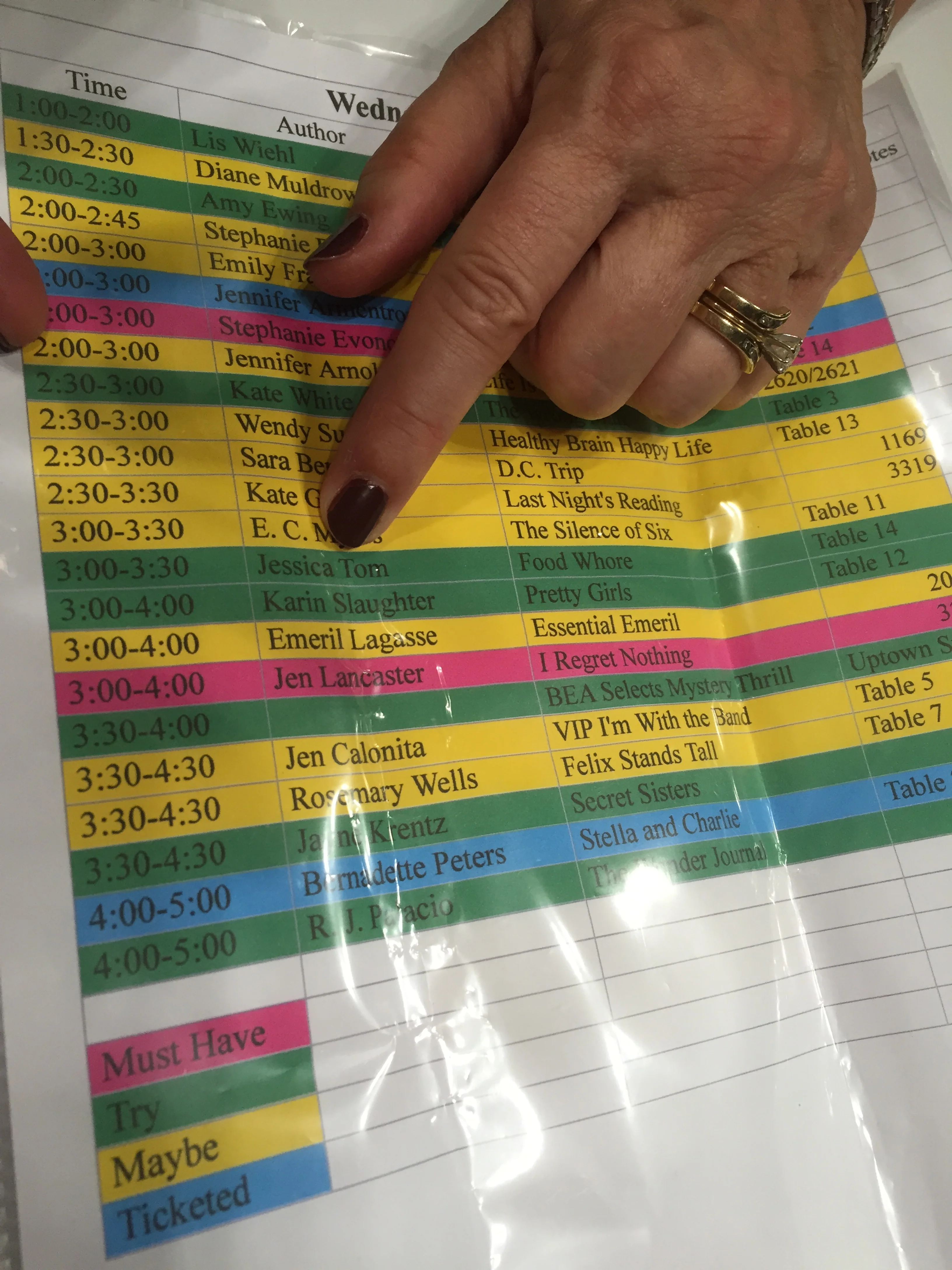 This woman researched my book and marked me in her day's schedule. 