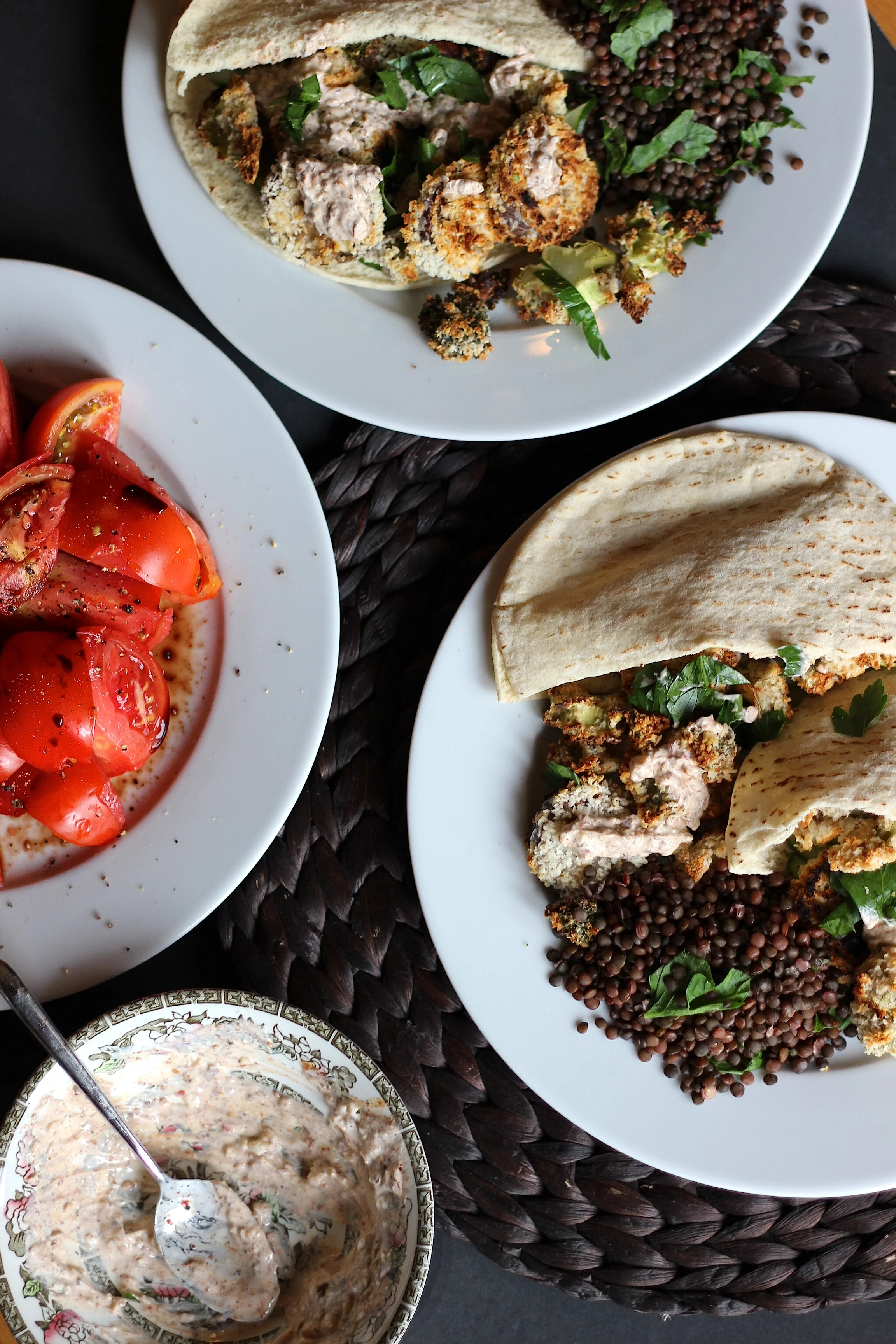 ... and these are eggplant pitas with beluga lentil salad and spiced yogurt.