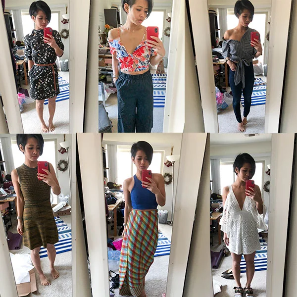 Outfits I sent for approval and were later rejected: too revealing, loud (like, they made noise), busy, white, etc