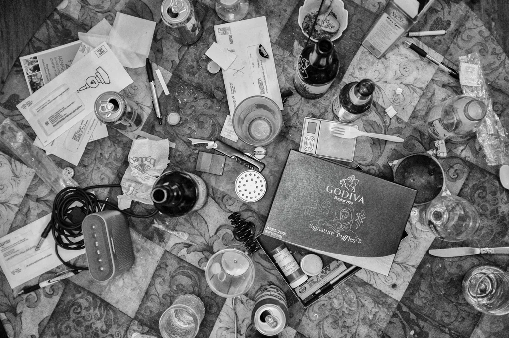 The kitchen table at Dad Zone, an apartment shared by members of Slush and Lean in Bushwick, Brooklyn. The apartment got its name from the original name of Lean: The Stay-at-Home Dads