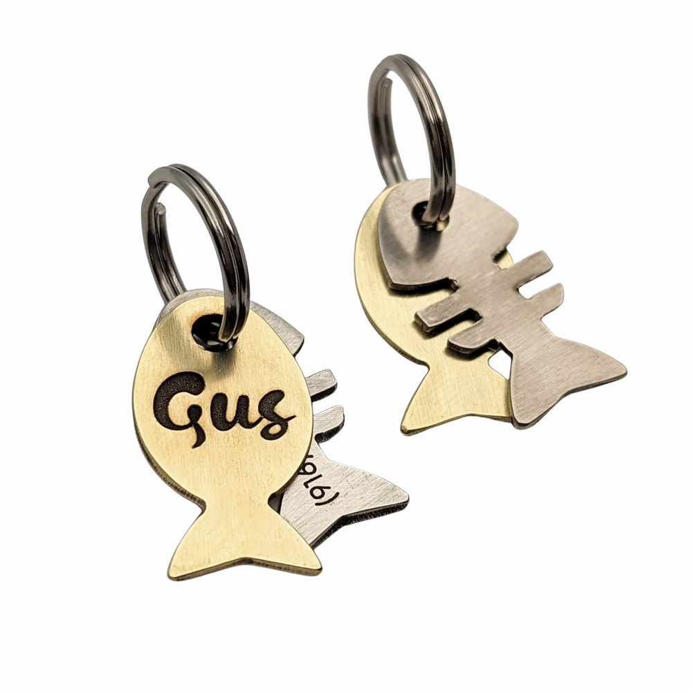 Fish Shaped Cat ID Tags 18g Brass and Nickel Silver — Metal Mementos - Main Image