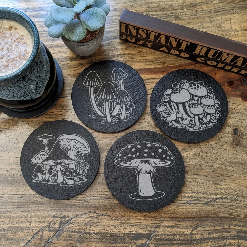 Mushrooms | Engraved Slate Coasters | Single or Set of 4 — Metal Mementos