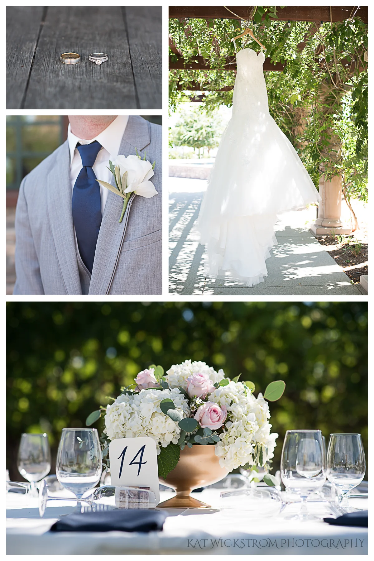 The rings were captured on a wine barrel: I just love the rustic element showcasing the wedding bands. The wedding dress was hanging from vines at the winery. I was in love with the simplicity of the design, including the white rose boutonniere and …