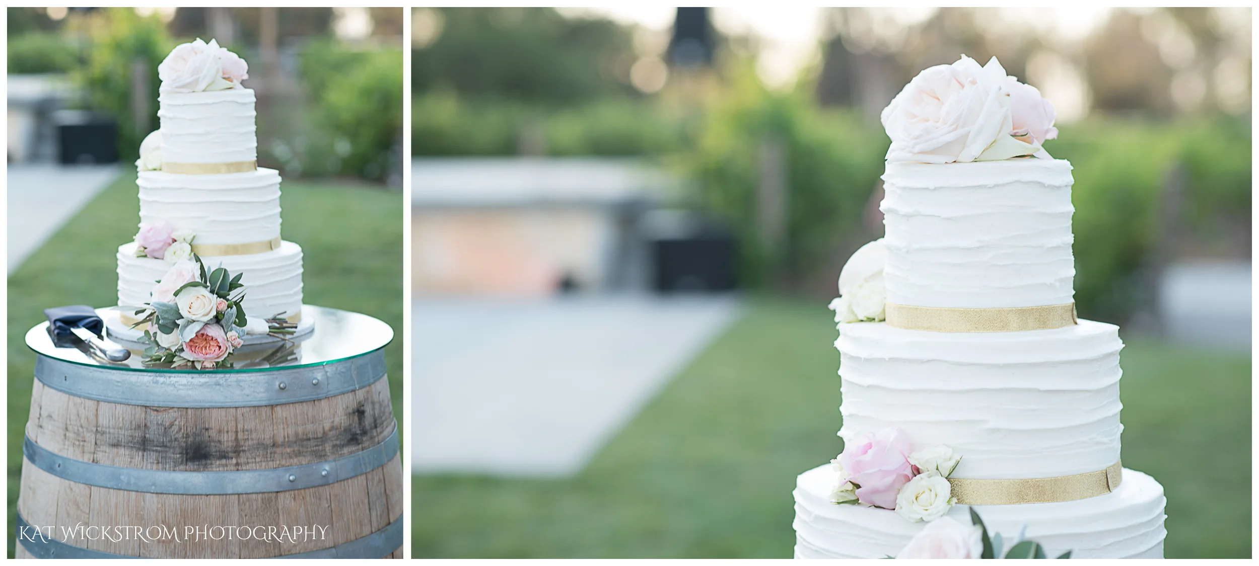 How cute is this wedding cake on a wine barrel?