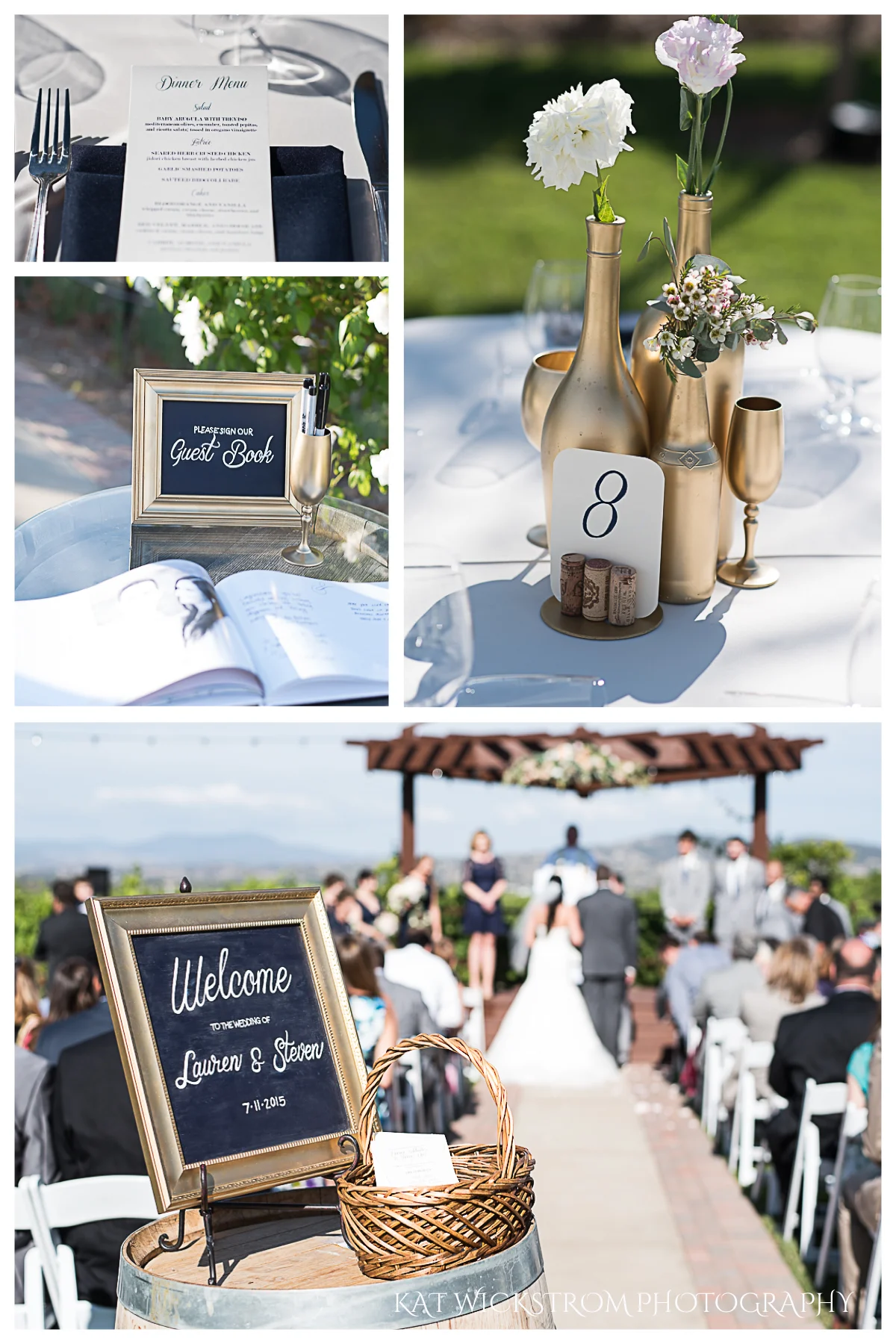 I'm in love with these wedding details. The wine bottles and vases were spray painted gold and held only a few flowers. The welcome sign was a nice touch too!