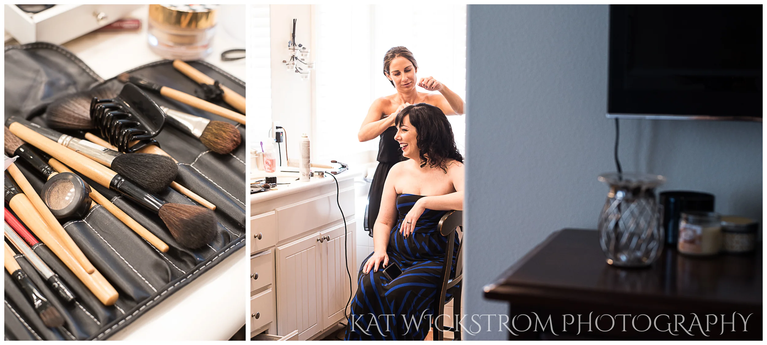The bride got ready at her sister's home, where her sister could pamper her with all the makeup.