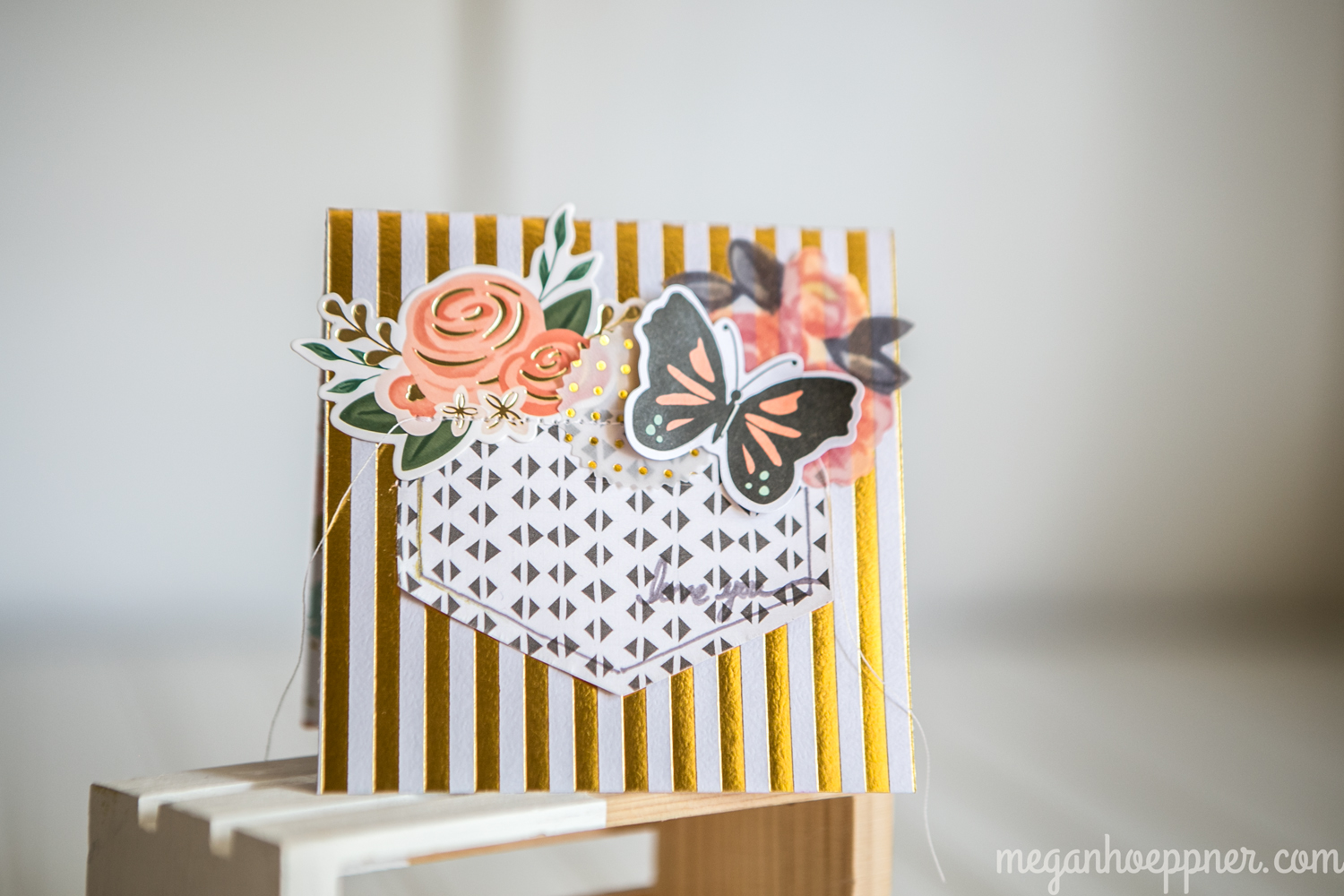 supplies: PAPER: Crate Paper (black/white), Fancy Pants Designs (gold stripe); BUTTERFLY AND ROSE: Simple Stories; VELLUM SHAPES: Maggie Holmes for Crate Paper