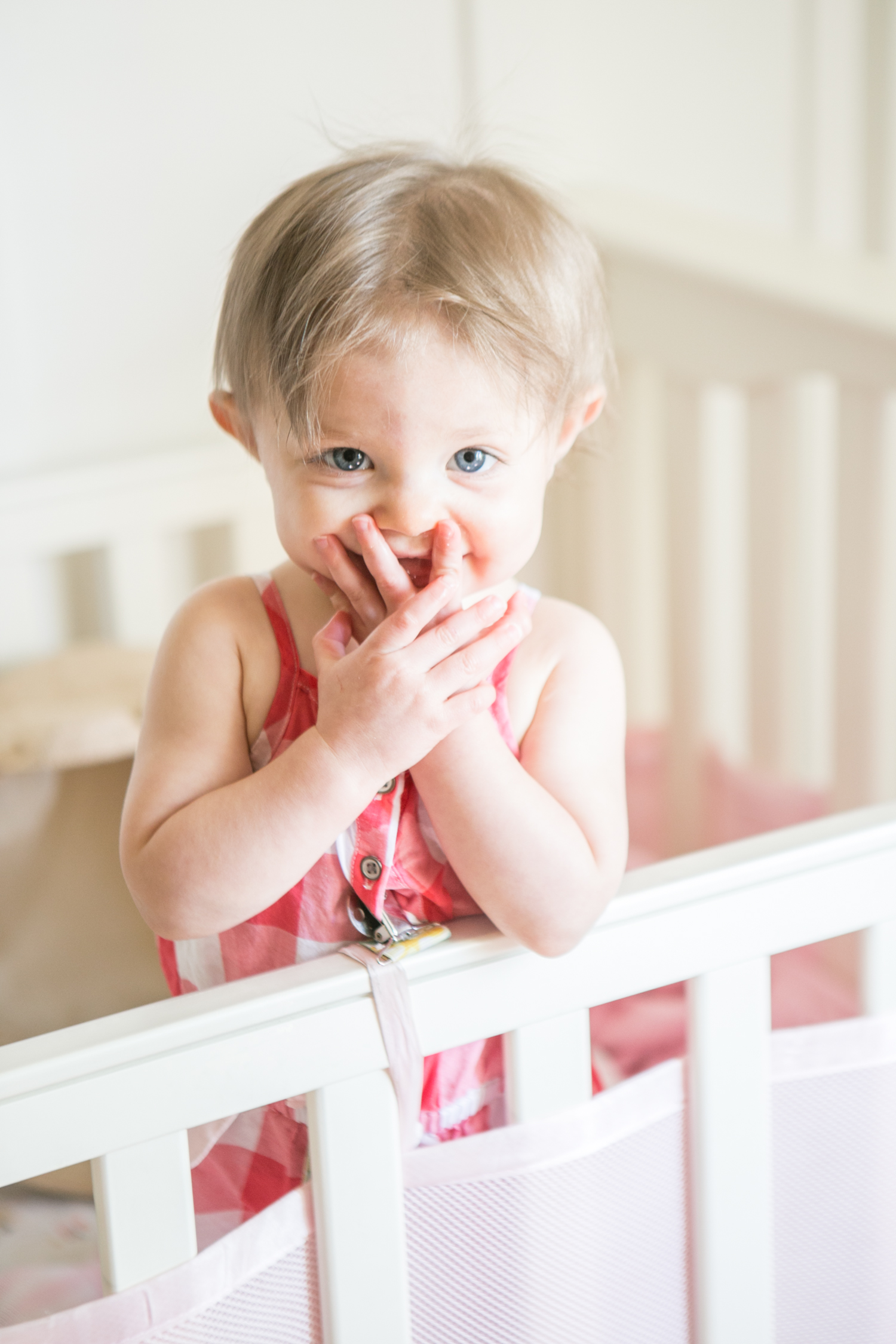"Uh uh uh ohhhh!" Even though her throwing everything out of her crib and onto the floor was in no way an accident. But I sure do love the way she almost grunts uh-oh at such times. And the more recent development of throwing her hands over her mouth as she says it only adds to the cute. ----> Lulu, 11 months