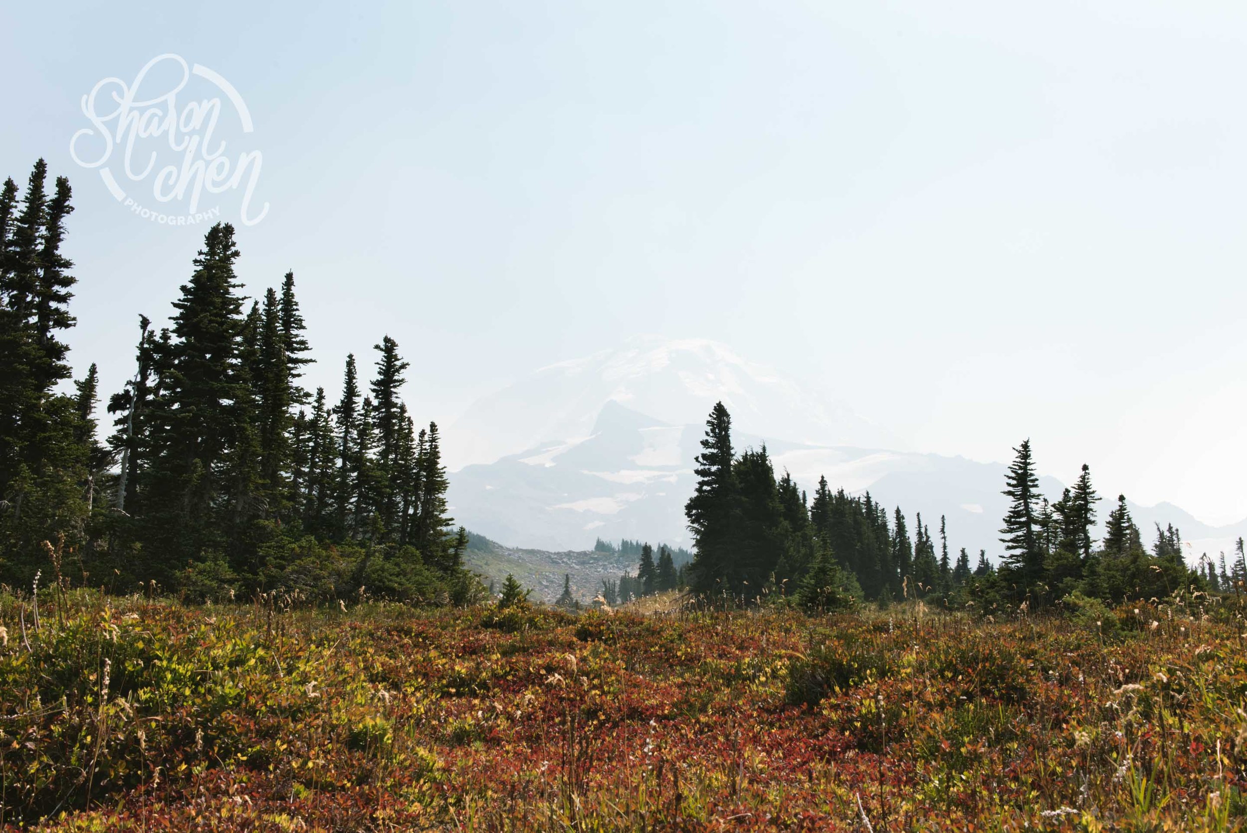 Mount Rainier slightly obscured by haze caused by forest fires.