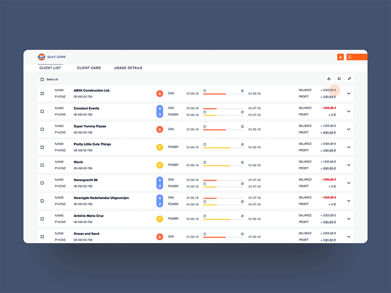 We first launched an MVP of the platform and afterwards kept on improving its user experience and interface - focussing on data visualisation and user friendliness, always making sure that the brand’s tone of voice translates even into the elements’ micro-animations. This is the improved Client List page, used by a broker to have an overview of their clients and corresponding contracts. The main goal of the design was to have specific things easy to identify with just a glance - like a contract coming to an end, payments overdue, or clients that only had gas or power to their contract.