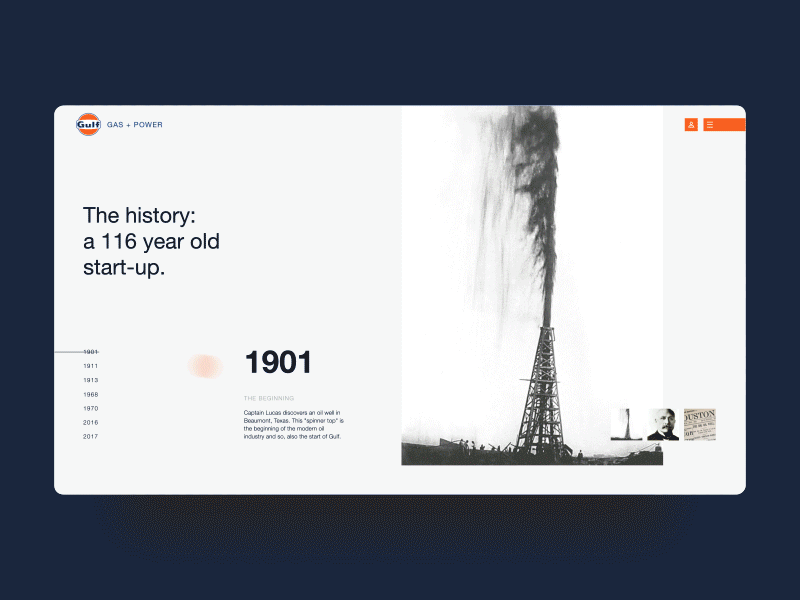 For the History page, the concept was to use the transitions to emphasize moving through time - the years vertically and their moments horizontally.