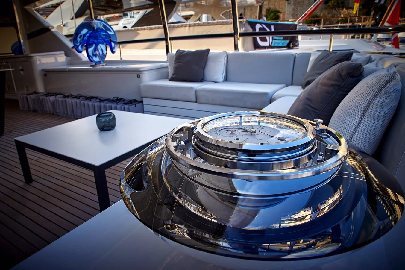Jan Frydrych and Erwin Sattler Glass chronometer with Vlastimil Beránek 's 'Ballerina - blue' sculpture in background on board of MY Elinor at Monaco Yacht Show 2017 Ⓒ Crystal Caviar