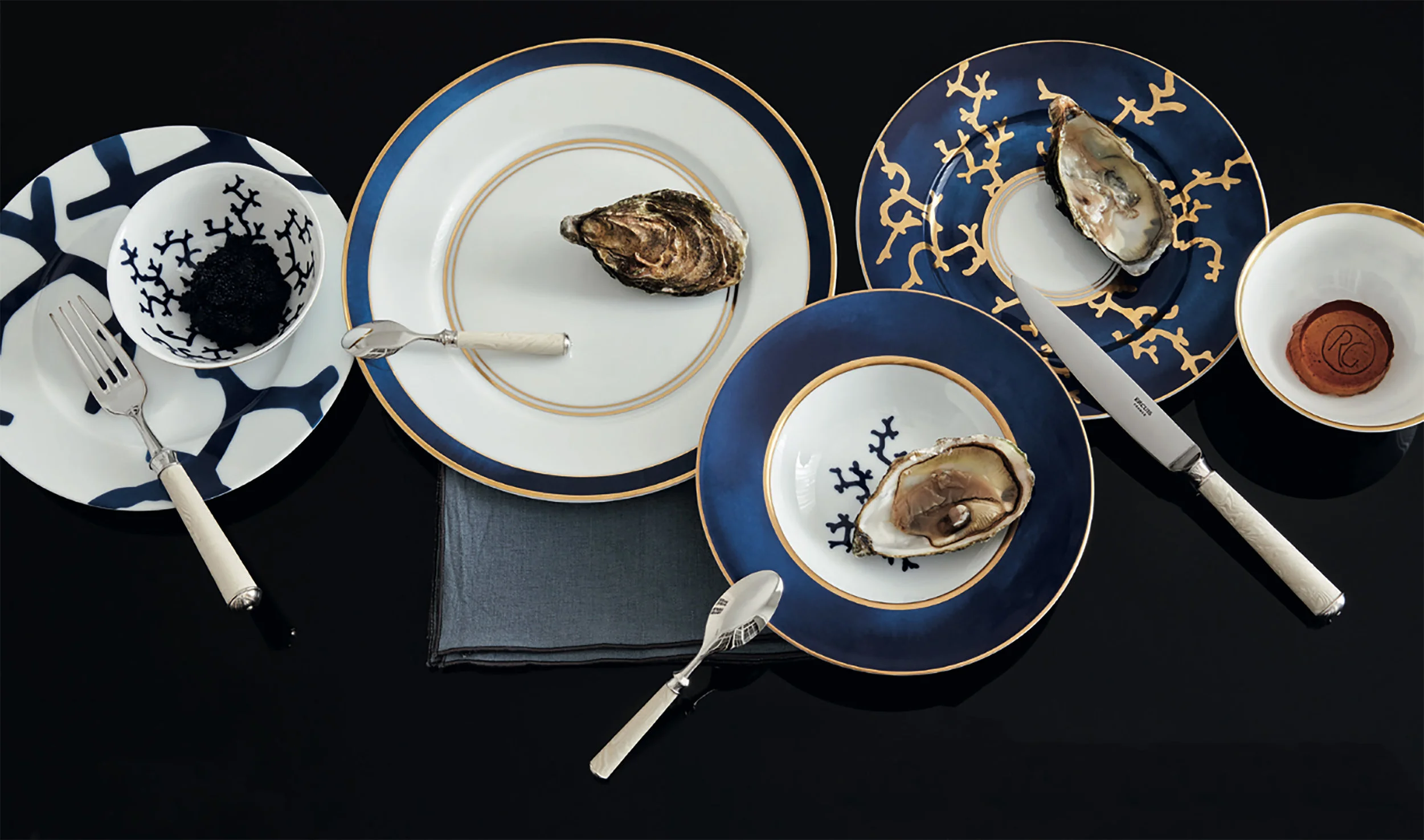 Ercuis cutlery with Cristobal Marine dishes by Raynaud , Alberto Pinto design - Ⓒ Ercuis , Photography by Francis Amiand