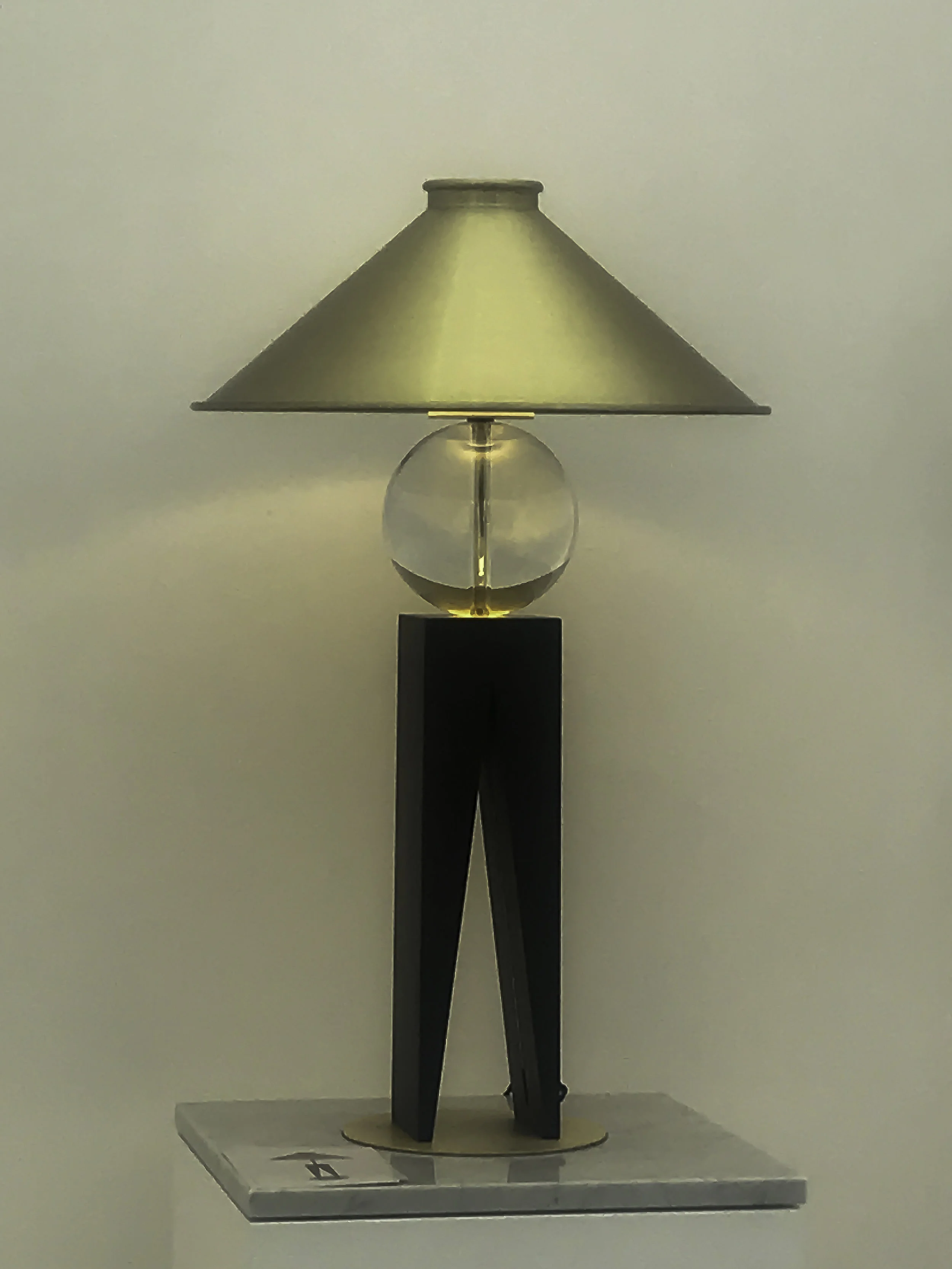 ‘V’ Table Lamp London Plane hardwood, solid glass and brass Finish: Yellow brass patina, bees wax