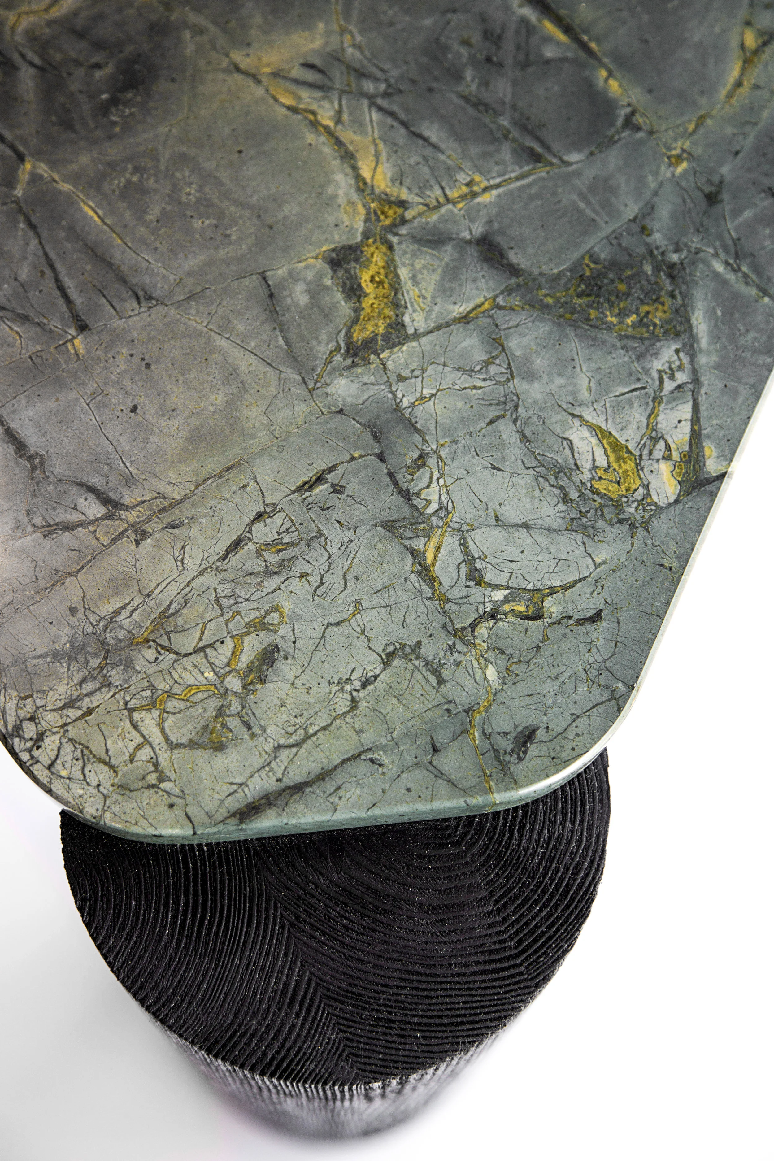 Verde Magnifico side table Marble top and wire-brushed timber leg detail © Niel Vosloo
