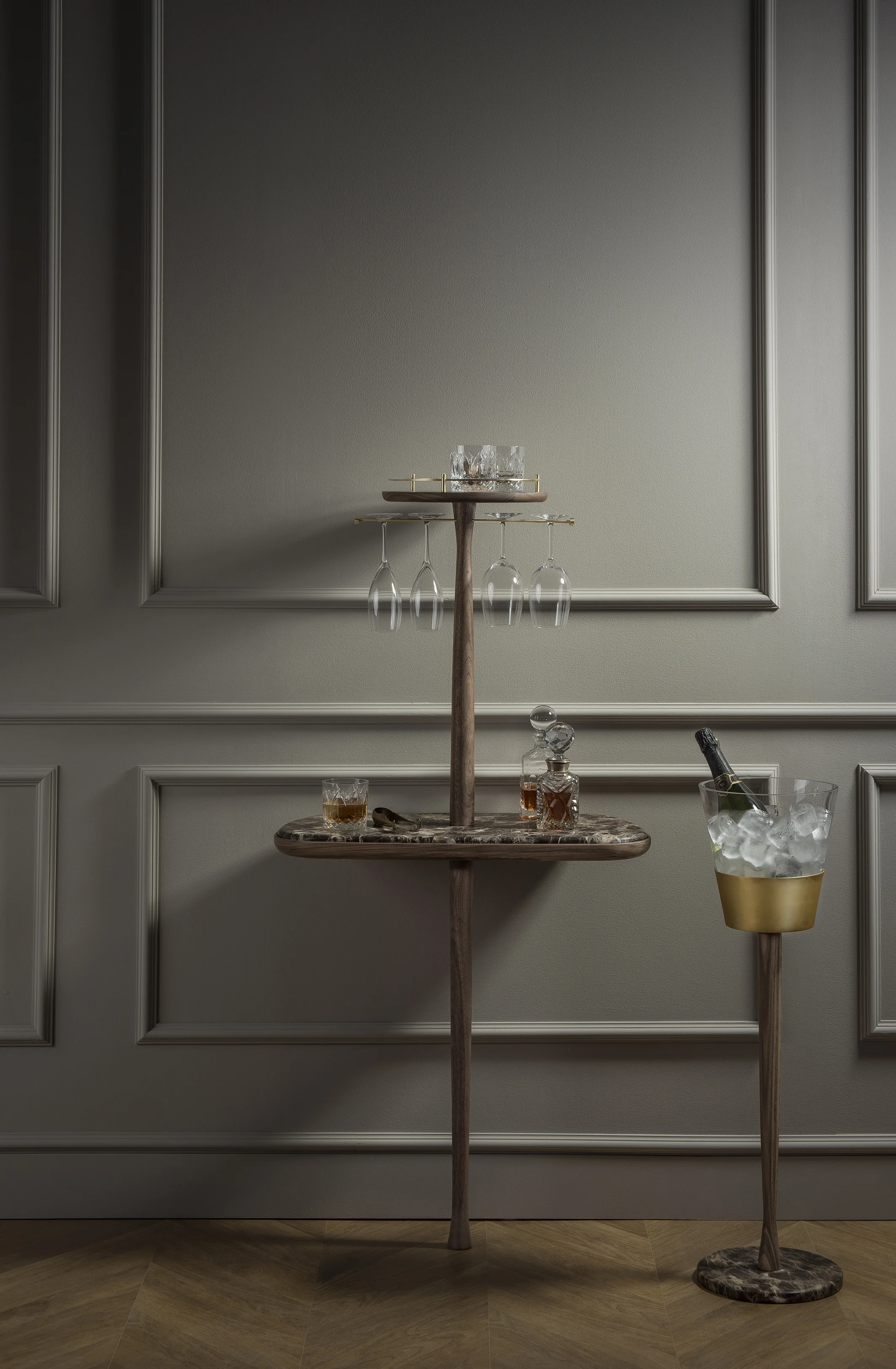Bar Cabinet and Champagnera crystal ice bucket; natural solid walnut, polished brass details and Emperador marble top ⓒ Nomon
