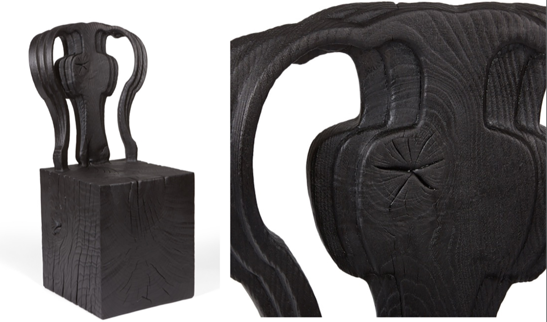 Artist: Gartth Neal Hack Chair II 2018 @ Petr Krejci Carved green-oak using digital crafting techniques, traditional Shou Sugi Ban charring Hack Chair II was on display at Sarah Myerscough Gallery booth - Masterpiece London 2019