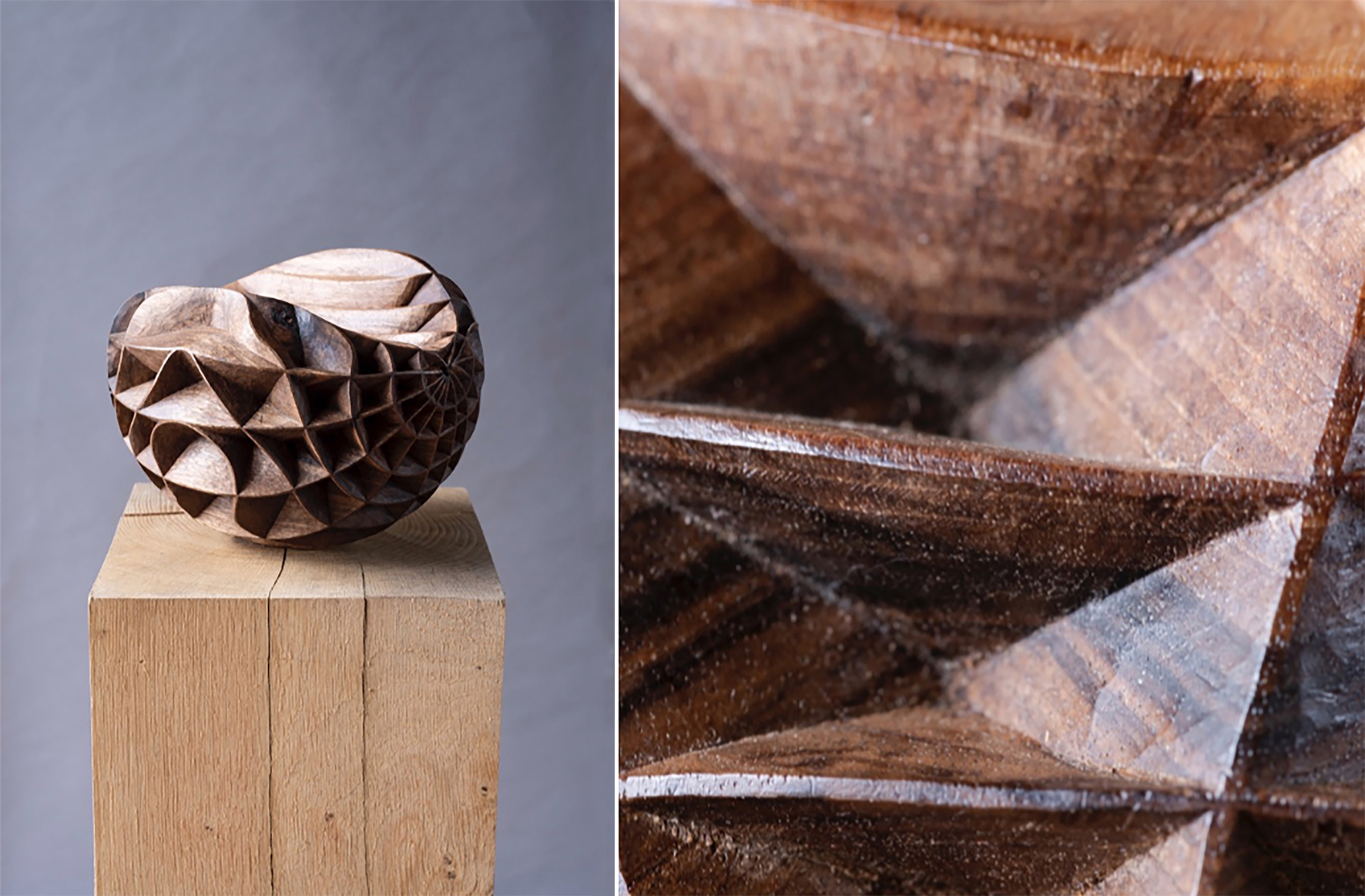 Artist: Alison Crowther Incised Walnut II , 2018 Unseasoned English Walnut 15 W x 20 W x 20 D cm ⓒ Jacqui Hurst Alison Crowther's series of sculptures Incised Walnut was on display at Sarah Myerscough Gallery booth -Masterpiece London, 2019.