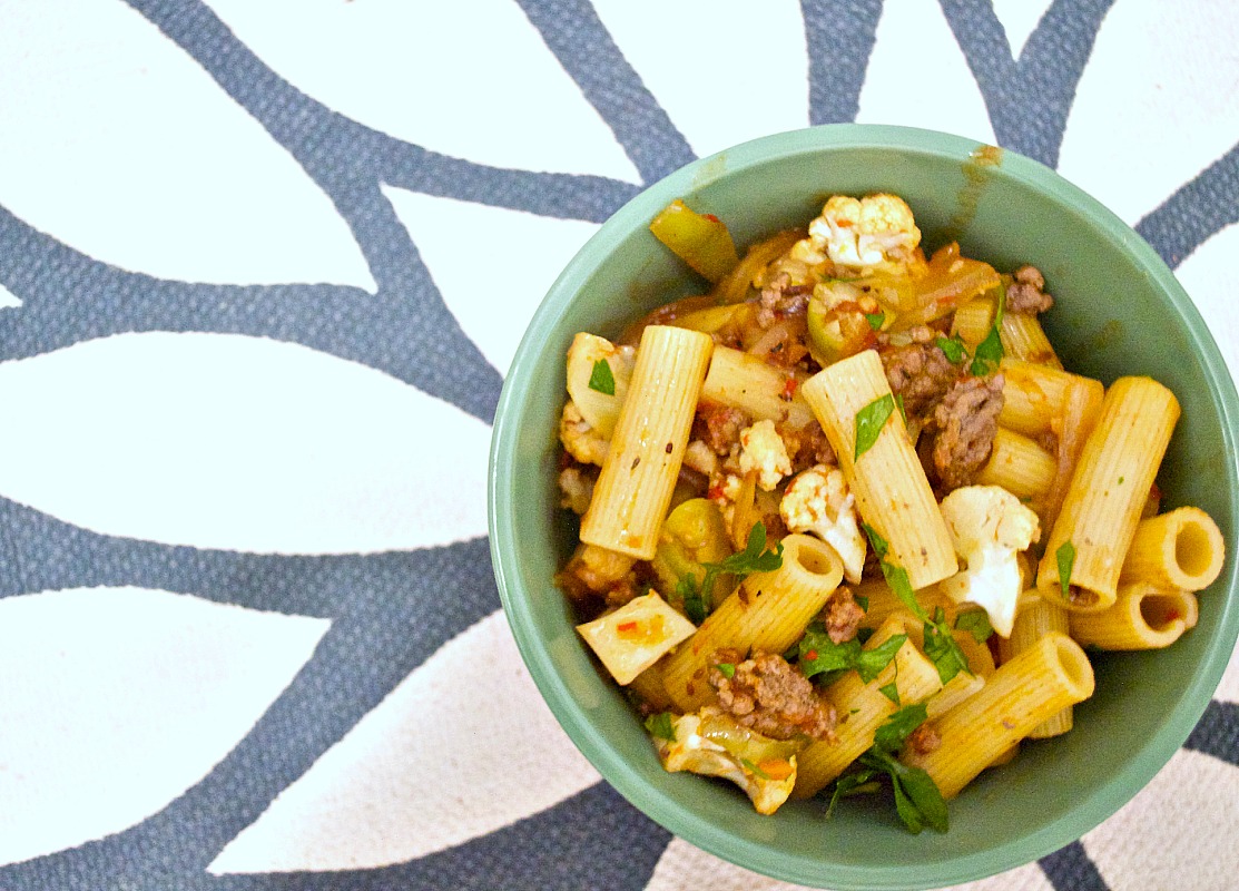 rigatoni with beef, olives, capers, and cauliflower