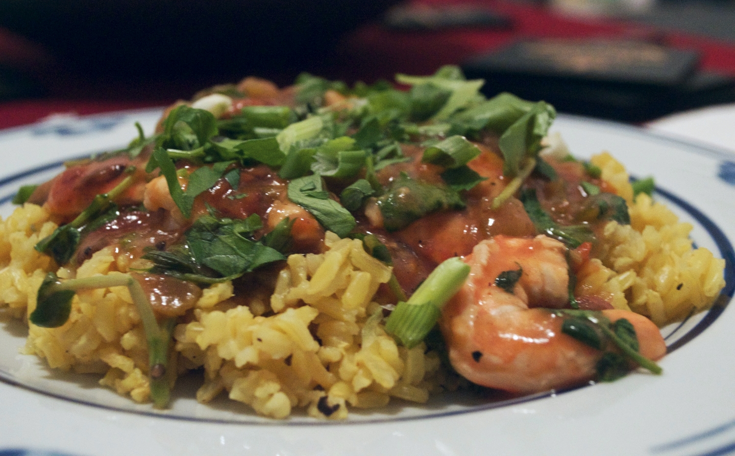 spicy, saucy shrimp over rice