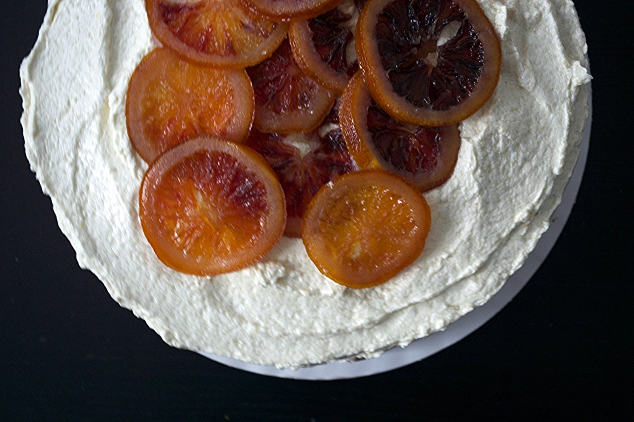 black sesame sponge cake with blood orange buttercream and candied blood oranges