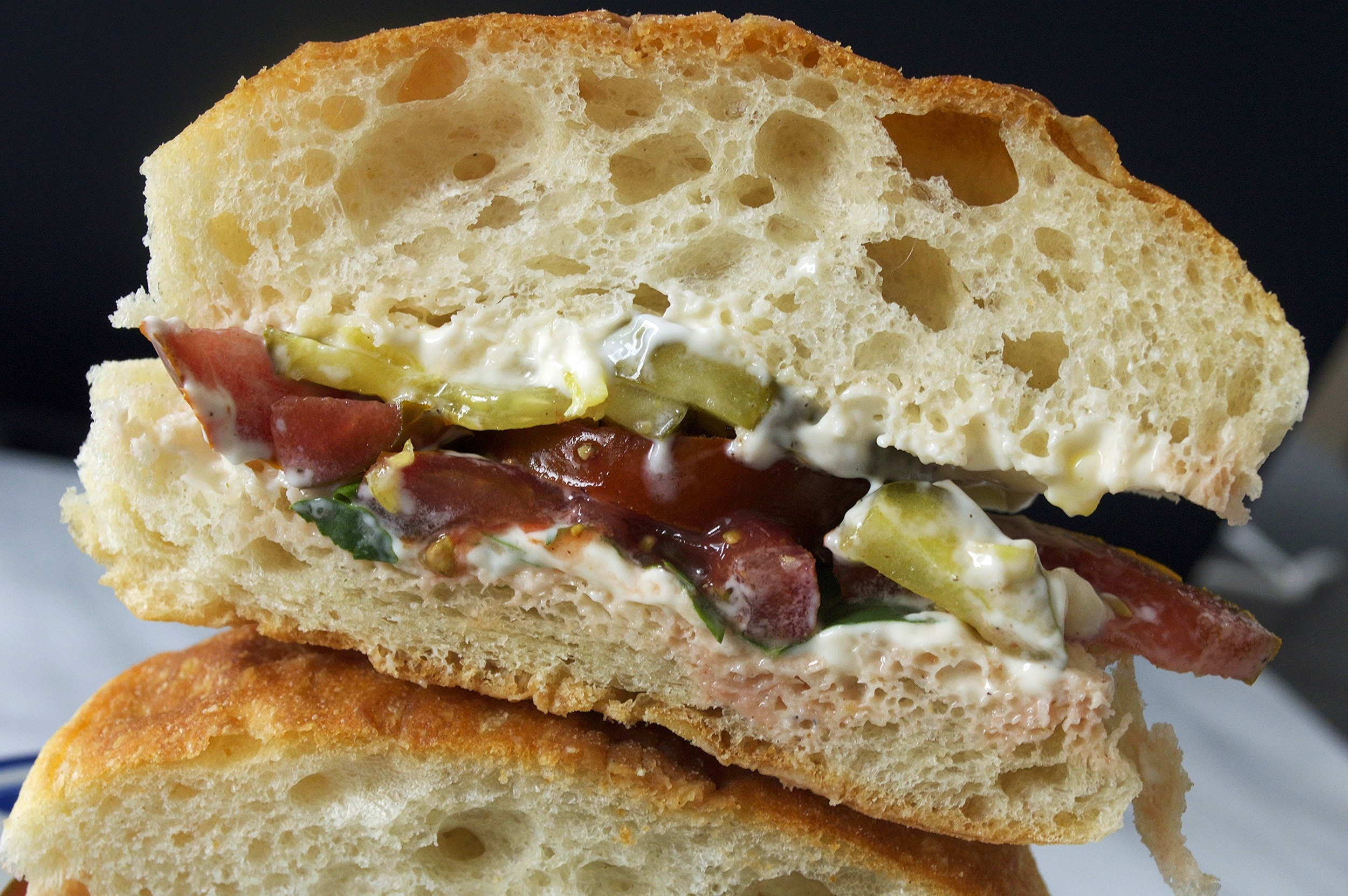 summer tomato and pickle sandwiches