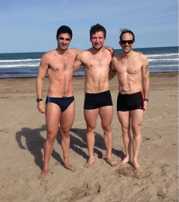A chilly 12 degree swim at Valencia Beach. Kian Emadi, Callum Skinner and Justin Grace (new coach).