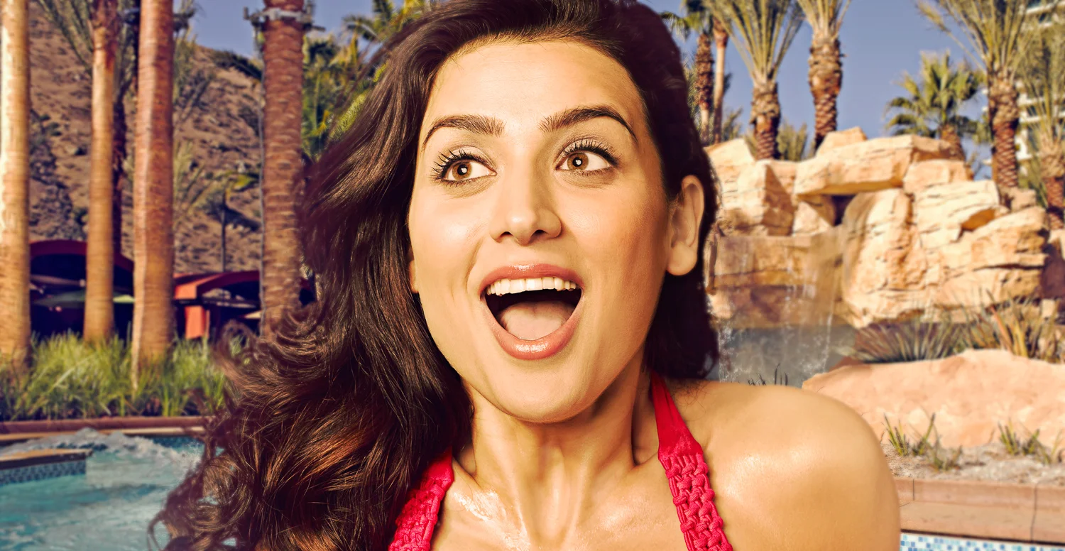 Young attractive woman feigns excitement by the pool