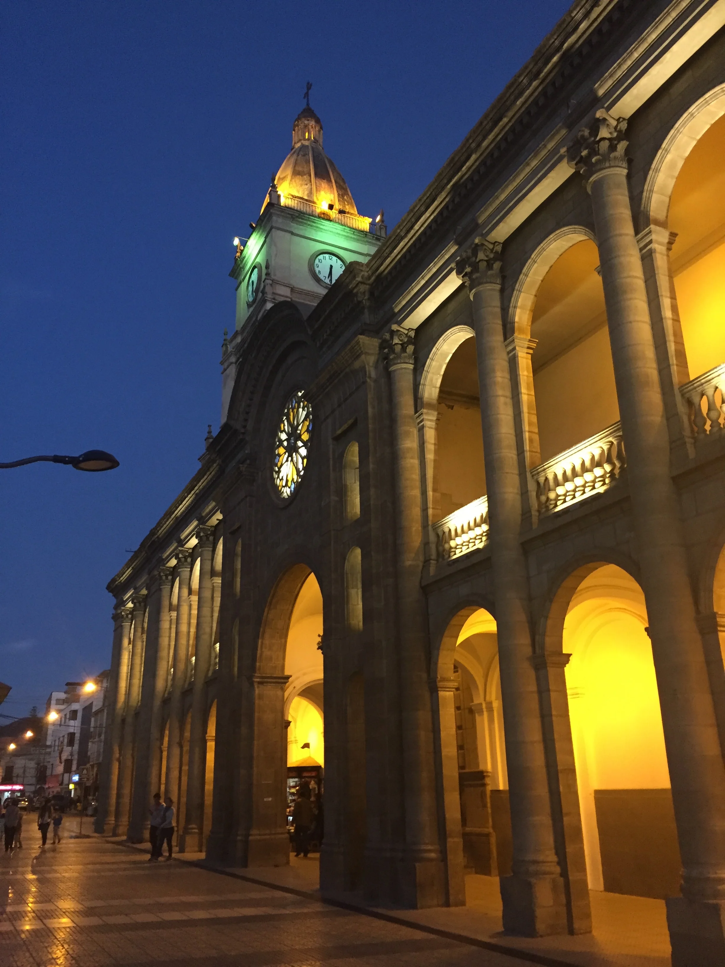 Cochabamba, in the center of Bolivia at an elevation of 8,300 feet above sea level is the beneficiary of a mild climate and often called the "City of Eternal Spring." The public square is occupied well into weekday evenings in late winter under the cathedral belltower.