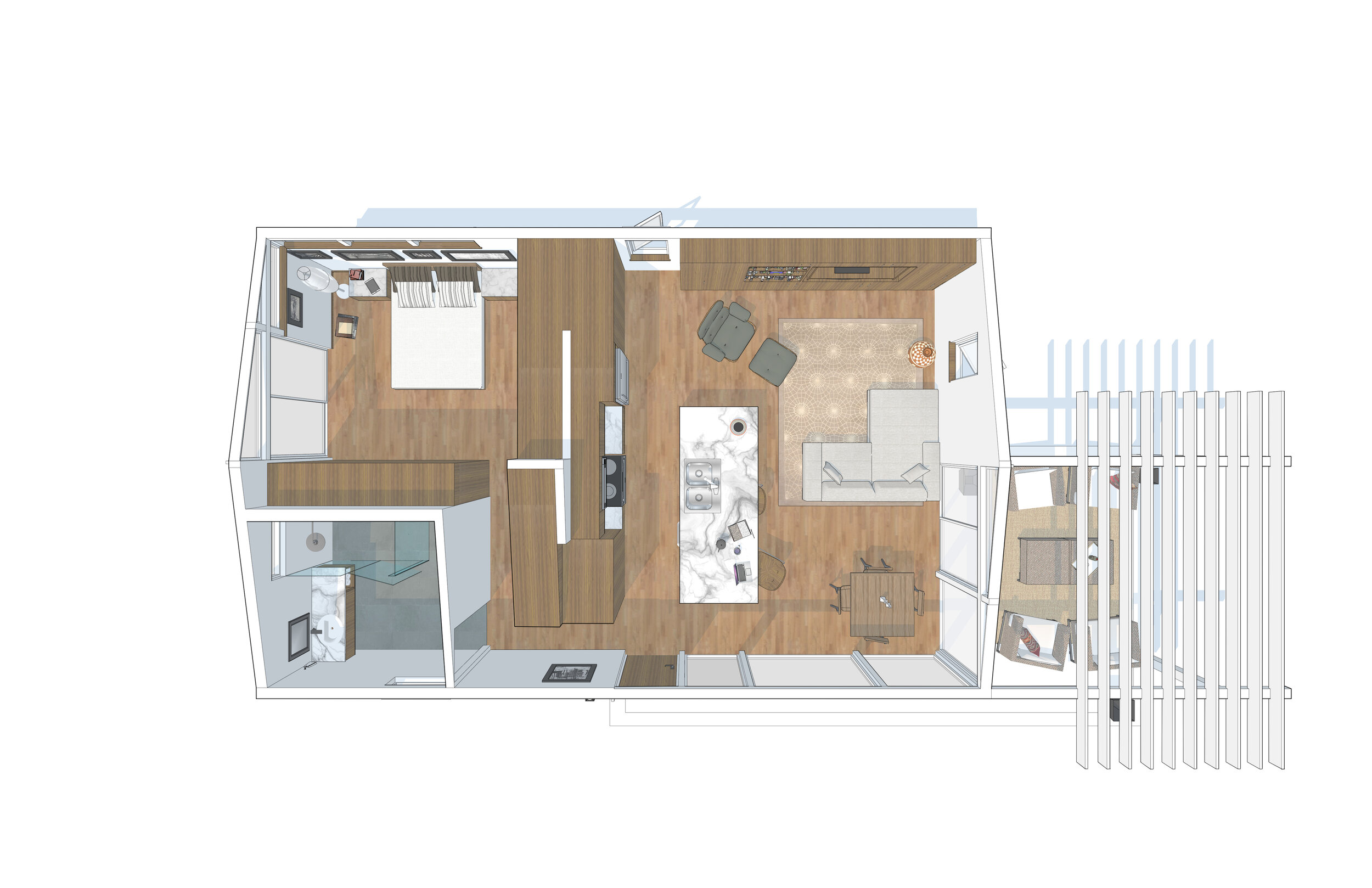   Accessible and comfortable plan utilizes casework “core” to separate living and sleeping spaces which contains kitchenette, laundry, and closet space. Accessible bathroom includes roll-in shower.  