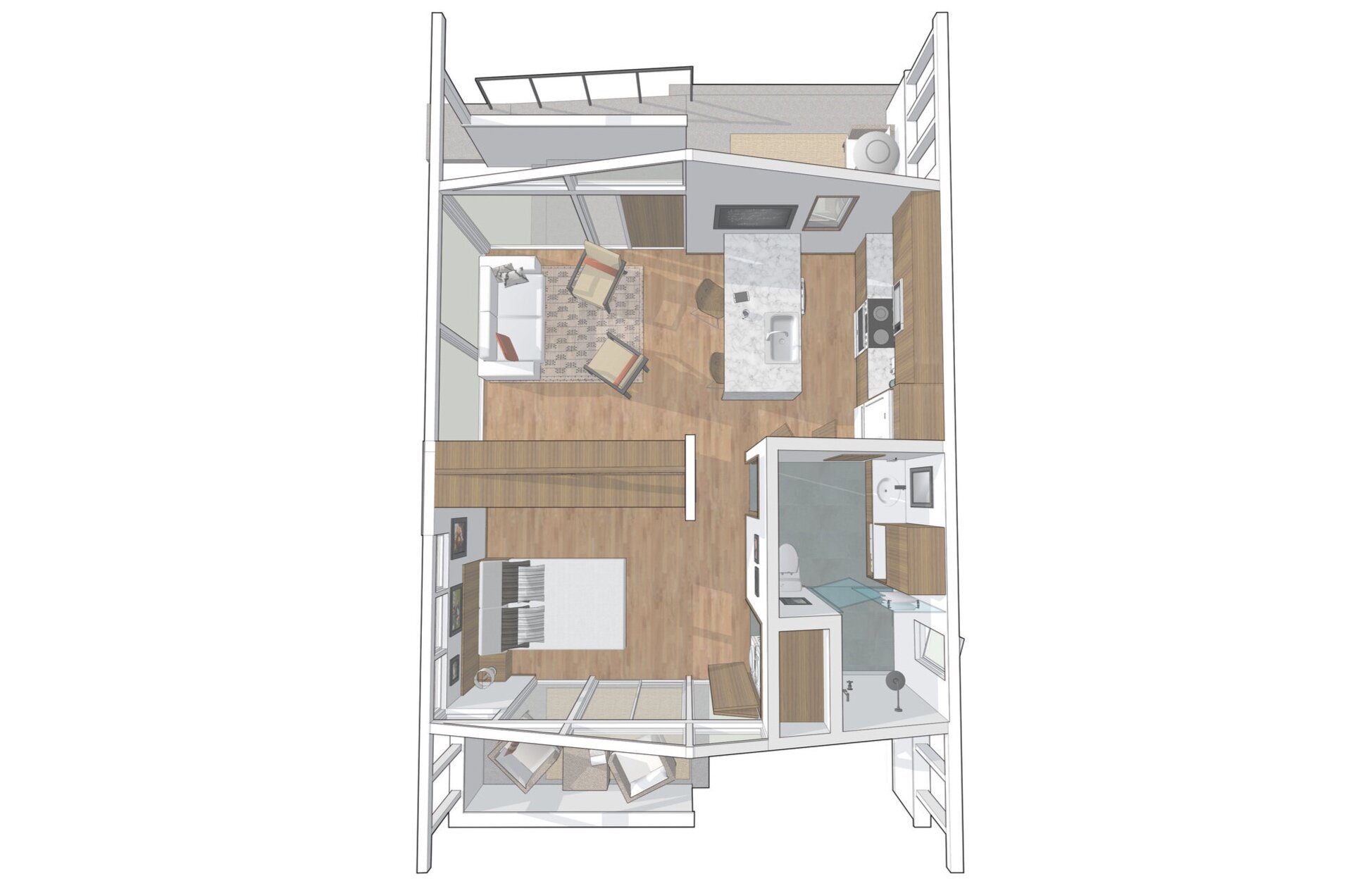   Floorplan opens to the outdoors increases the sense of space as does a minimum of framed interior partitions, utilizing custom cabinetry to accommodate the widest range of needs.  