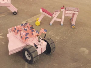 doomp doomp (installation view) motorized sculptures, wood panel paintings, mixed media 2002