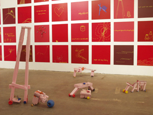   doomp doomp  (installation view) motorized sculptures, wood panel paintings, mixed media 2002 