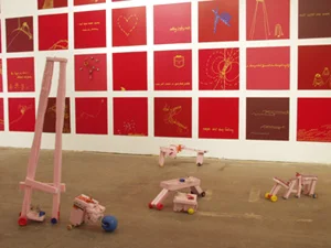doomp doomp (installation view) motorized sculptures, wood panel paintings, mixed media 2002
