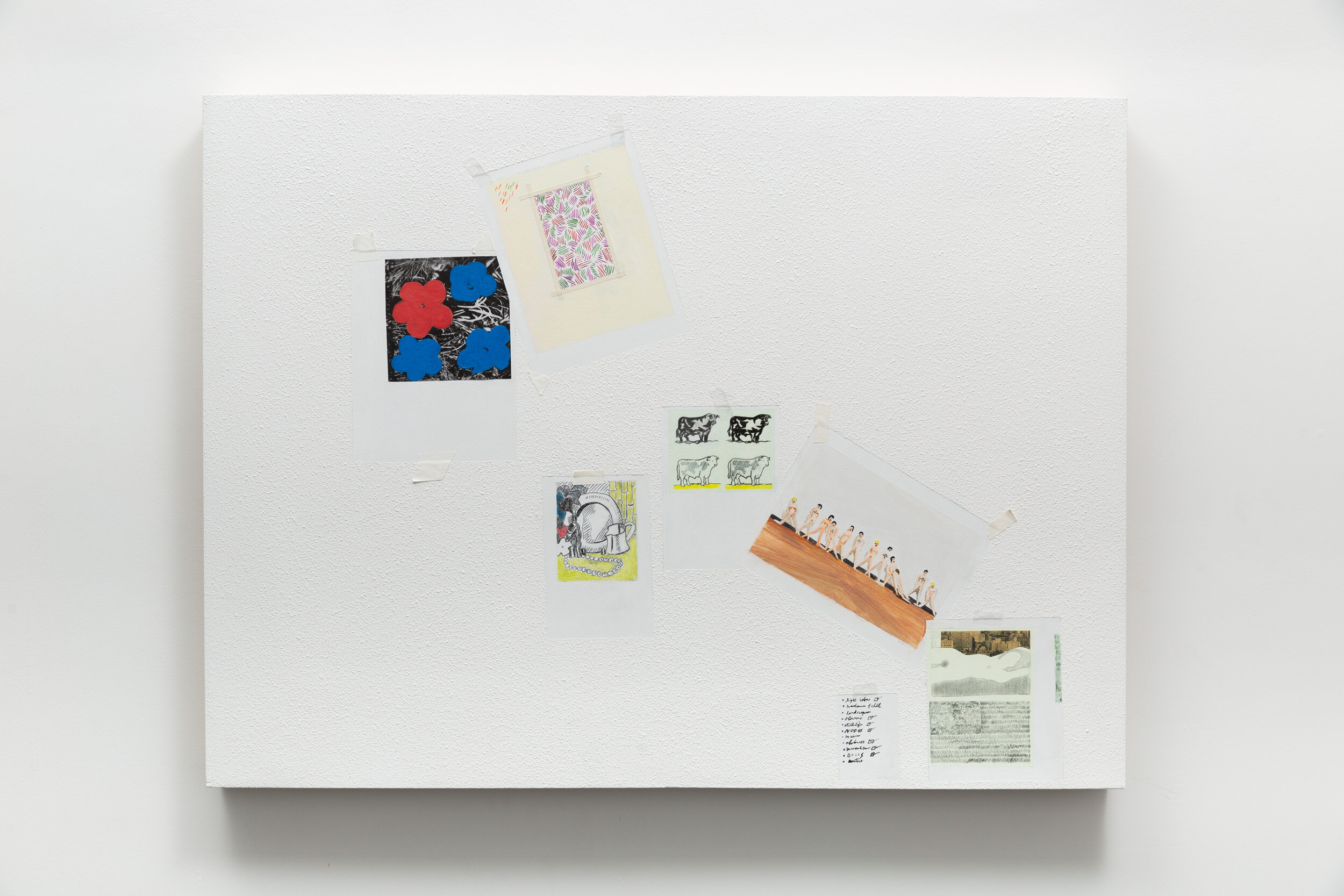   A Painting That Wants To Sell (R.I.P. Sturtevant)    Wood, drywall, corner bead, plaster, paint, cardboard, paper, acrylic, colored pencil, graphite, tape   36" x 48"   2021   