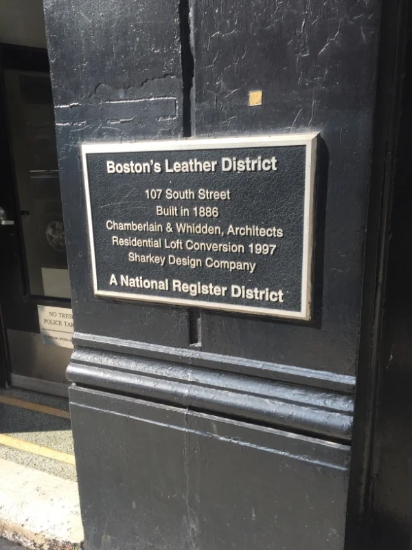 The plaque for the Leather District on South Street