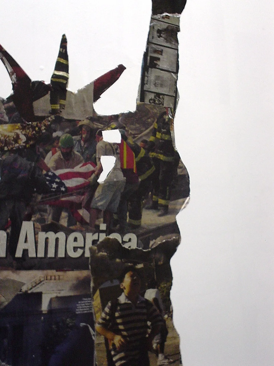  Close up of False Security 911  collage on hand cut metal 