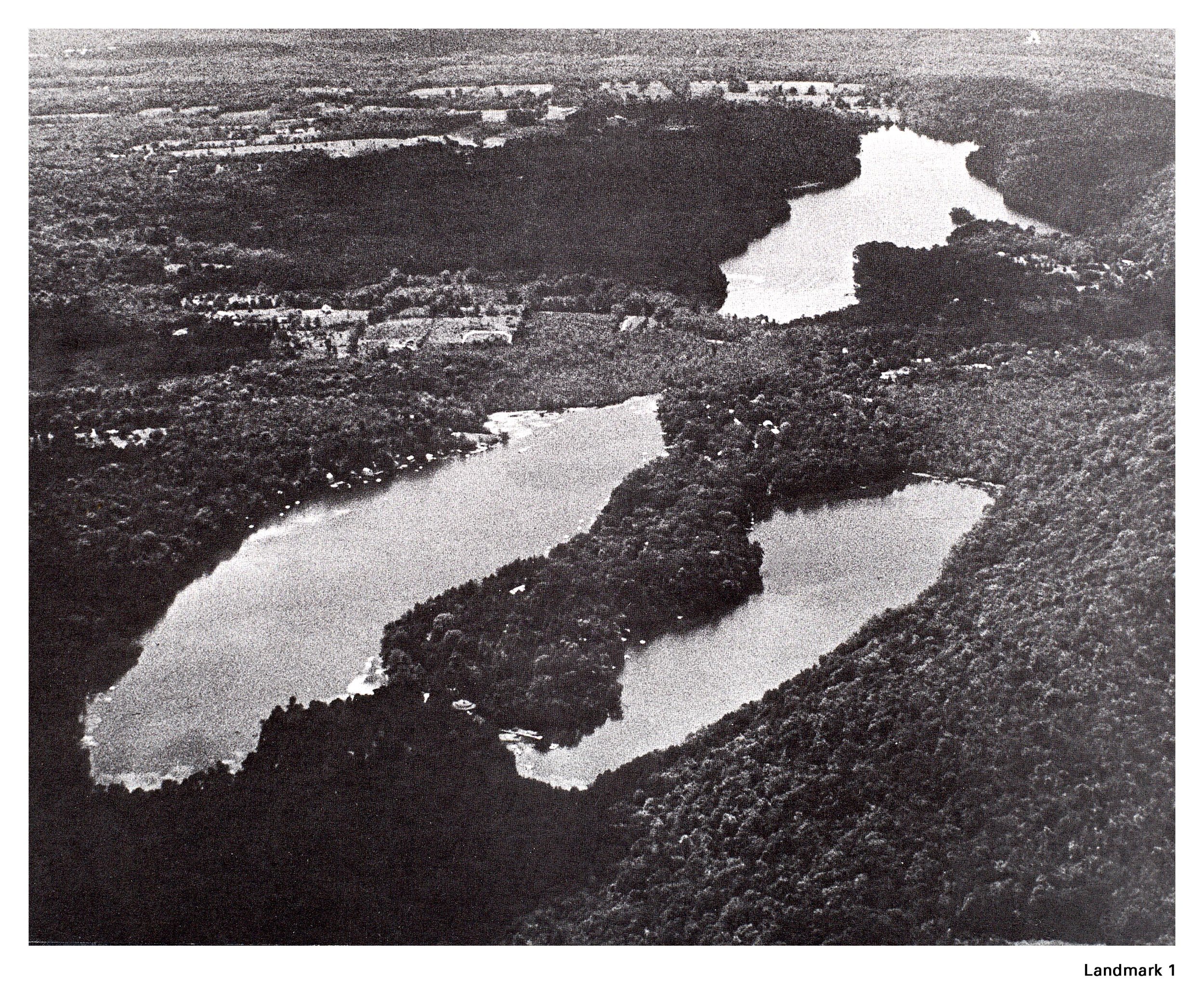1940s aerial photo of the three lakes, looking west. In the foreground, Lake Oscaleta is on the left and Lake Rippowam on the right. Lake Waccabuc is at the top of the photo