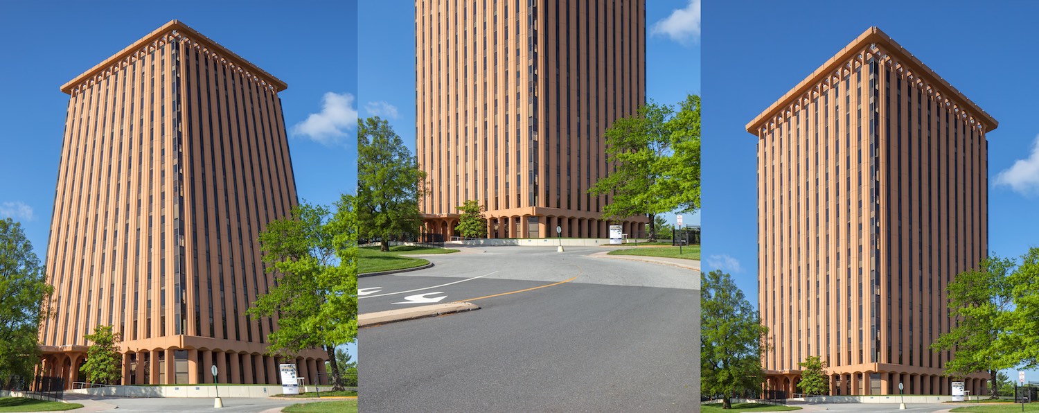1. The first image on the left is shot looking up, causing the building to appear smaller at the top and wider at the bottom. 2. Once the camera is leveled, the building evens out but the angle doesn't make for a great shot. 3. Using a tilt/shift lens allows the composition to be shifted to fit the buildings top and get a more appealing composition.