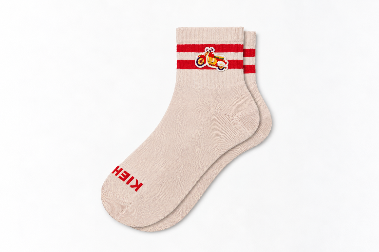 Beige Socks with Red Stripes and Scooter Patch.png