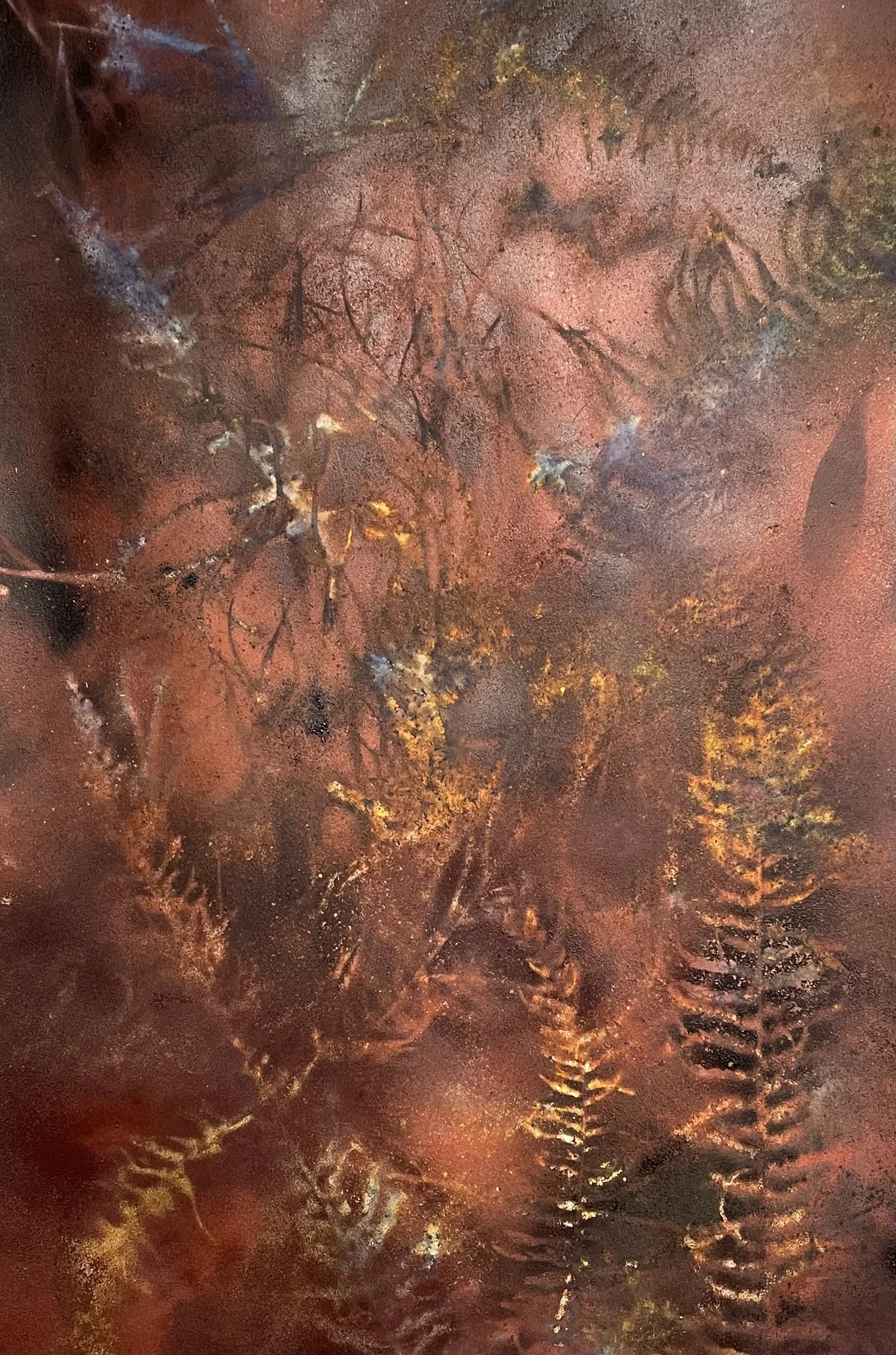  2022 ash, dyes + acrylic on paper mounted on wood 36x24 in  91x66 cm 