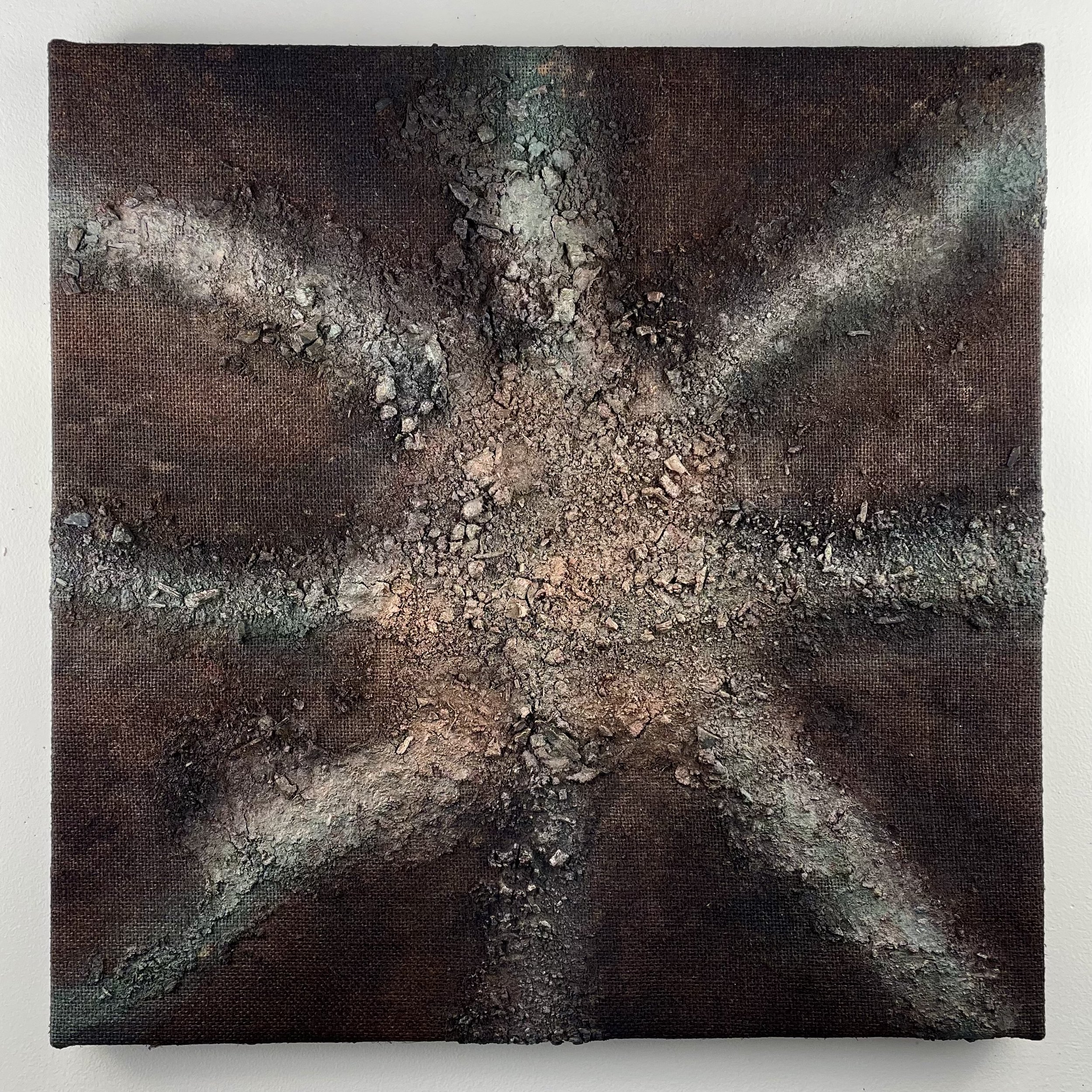  Percepticide     2024 ash + acrylic on burlap 24×24in &nbsp;61×61cm 