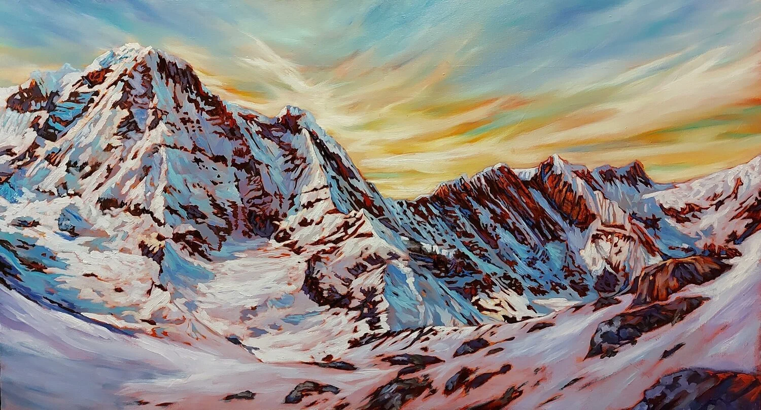 Snowy Mountainscape, Yellow Sunset  Sky.jpeg