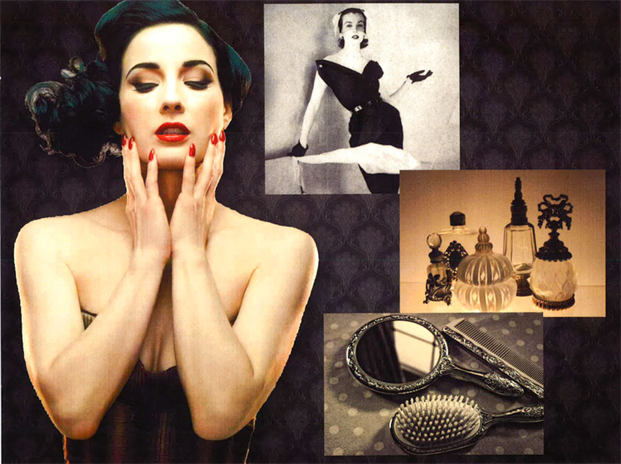  This collection was inspired by Dita Von Teese. &nbsp;What I love about her is her classic and feminine style. &nbsp;She is someone who knows her body and knows what works well for her. &nbsp;I wanted to use very rich brocades and boucle fabrics for