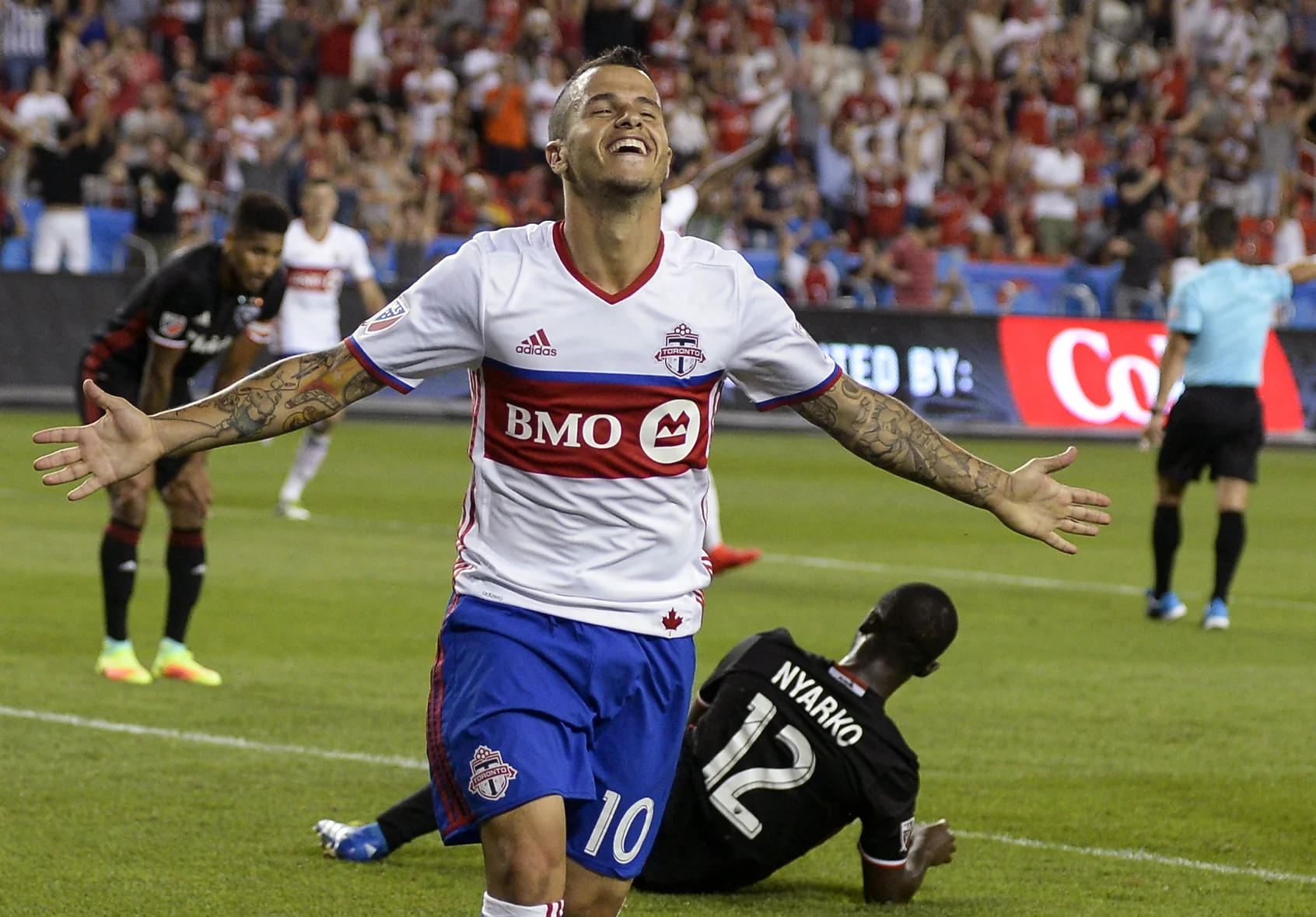  Toronto FC forward Sebastian Giovinco celebrates his hayrick at the end of the second half against D.C. United at BMO Field on July 23, 2016. Toronto FC won 4-1. 