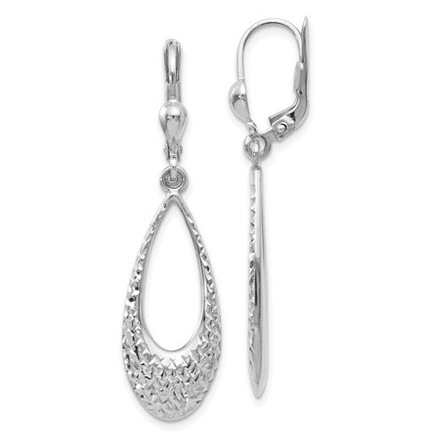 14k White Gold Diamond Cut Dangle Leverback Earrings 